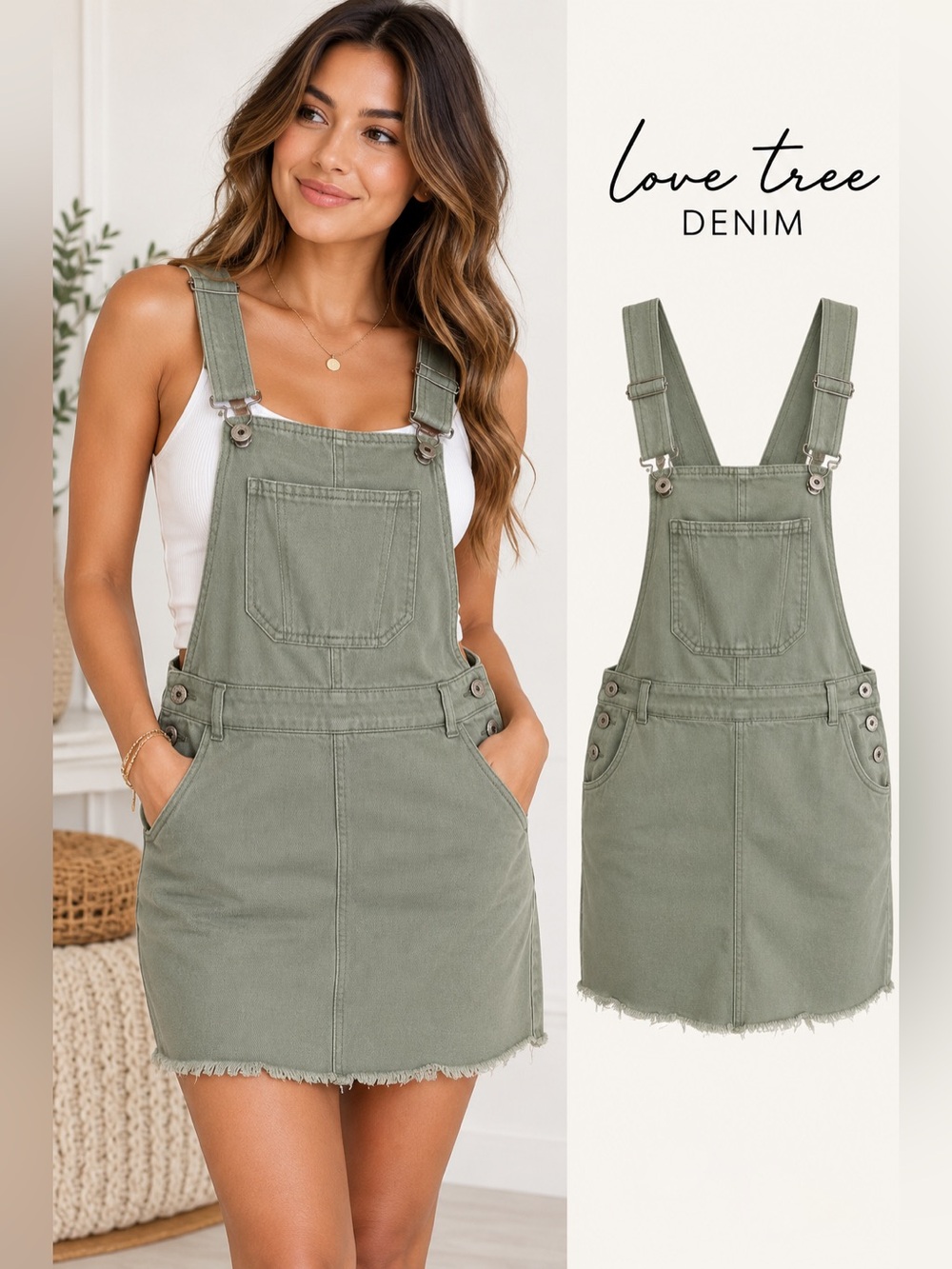Love Tree Denim Overall Skirt Dress Olive Green Mini Size S